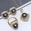 Gorgeous 9-10mm south sea Black stud pearl pendant earring ring set
