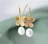 14K Gold Plated Bow Ear Hook Dangle Chandelier Natural Freshwater Pearl Earrings White Lady/Girl Wedding Fashion Jewelry