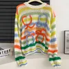 Kvinnors tröjor Lång ärm Mohair Vintage tröja Kvinna Vinter 2024 Crewneck Wool Rainbow Stripe Knit Pullover Designkläder