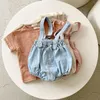 Baby Girl Infant Boy Cowboy Korean Japanese Romper Solid Short Sleeve T Shirt Toddler Girl Summer Born Clothes Overalls 220426