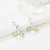 Stud Leaf Shape Earring 925 Sterling Silver Earings For Women Opal Green Stone Ear Pierced SE010Stud Kirs22