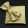 Fashion Solid Gold Mens Silk Bow Ties For Men Bowtie With Match Pocket Square 2pcs Set 8CM Colour Cravate CR052 W220323