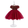 Aurumn Children 's Dress Flower Girl Dresses 2022 스팽글 보우 짧은 소매 공주 공주 공주 생일 피아노 모델 캣워크 쇼 스커트