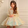 Pailletten Burgunder Baby Girl Kleid Velvet Full Sleeves Blumenmädchenkleid knielange Kleider für Mädchen Bogen geschwollene erste Kommunion