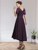 Grape Mother Of The Bride Dress Elegant V Neck Short Sleeves Tea Length 2022 Chiffon Lace Appliques Women Formal Party Gowns Robe De Soriee