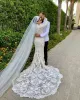 Lace Vintage Mermaid Wedding Dresses Bridal Gown with Long Sleeves High Neck Applique Sweep Train Ribbon Custom Made Ruched Boho Vestidos De Novia