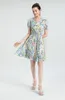 Women's Runway Dress V Neck Short Sleeves Printed Elastic Waist Ruffles High Street Designer Summer Dresses Vestidos