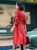 Lautaro Spring Autumn Long Red Blue Faux Leather Trench Coat for Women Belt Double Breasted Runway British Style Fashion 2022 L220728