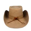 Homem de couro de 100% Chapéu de cowboy ocidental Gentleman Dad Fedora Church Sombrero Hombre Jazz Cap Big Size XXL Drop 220813