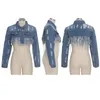 Tsuretobe Gland Déchiré Recadrée Jean Veste Femmes Automne Chaîne À Manches Longues Denim Streetwear Manteau Court Femme Outwe LJ200825