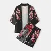 Erkek Trailsits Charmkpr Yakışıklı Erkekler Sazan Çiçeği Baskı Japon Stil Setleri Moda Günlük Elastik Bel Kimono Two