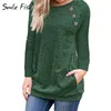 Basic T-shirt Winter Herfst Dames T-S O-hals Top Casual Knoppen Pocket Bottoming Tee GV579 220321