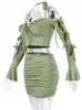 Vestidos de trabajo pieza Sexy Ruffle Mini vestido conjunto 2022 verde ahueca hacia fuera la parte superior de las faldas de verano trajes Bodycon mujeres fiesta ajustado corto DressWork
