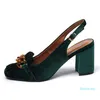 Green Slingbacks Lady Dress Shoes Diseñador de moda Fringe Velvet Tacón grueso Mujer