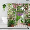 샤워 커튼 정원 풍경 녹색 포도 나무 꽃 울타리 목가적 인 배경 벽 장식 방수 목욕 커튼 후크