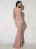 Elegant O Neck Long Sleeve Sequin Maxi Dress Floor Length Stretchy Bodycon Party Dress Gold Green Burgundy Red 220317