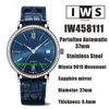 IWSF Top Quality Watches 37mm rostfritt stål Miyota 9015 Automatisk kvinnoklocka 458111 Diamond Bezel Blue Dial Leather Strap Ladies Wristwatches