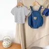 MI Conjunto de ropa para bebés de verano Camiseta a rayas para niñas pequeñas y monos de mezclilla 2 piezas Trajes para niños 220608