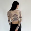 Tropicon Tattoo Mesh Crop Top Long Sleeve Tees Graphic T Shirts Women See Through High Fashion Top Eesthetic BodyCon Tshirt 220516