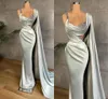 Sparkly Arapça Adaçayı Saten Mermaid Abiye Kristaller Sapanlar Pleats Sweep Tren Boncuklu Balo Parti Abiye Uzun Wrap Cape Aso Ebi Robe de Soiree