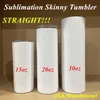 VS Lokale magazijn Sublimatie Straight Skinny Tumbler 12oz 15oz 20oz 30oz Blank Wit roestvrijstalen tuimelaars met dekselstro rechte koffiekopje