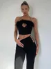 Tossy Women Feather Hollow Out Black Pants och Croped Top Suits Summer Sexy Club Party Two Piece Set Fashion Streetwear Y2K 220511