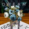 Flores decorativas grinaldas de buquê azul artificial peony chá rosa outono seda falsa para sala de estar de estar em casa de casamento decoração decoração de decoração