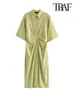 TRAF Women Chic Fashion Buttonup Draped Midi Shirt Dress Vintage Short Sleeve Side Zipper Female Dresses Vestidos 220705