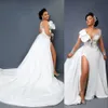2022 New Vintage Arabic Aso Ebi Mermaid Lace Crystals Wedding Gowns Illusion Neck Side Split Detachable Train Overskirts Bridal Dr194k