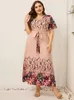 Plus Size Dresses Maxi For Women Summer 2022 Printed V-Neck Tie Casual Evangelical Long Dress With Belt Woman Clothing FemalePlus