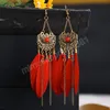 Boucles d'oreilles plumes blanches en forme d'éventail de cour rétro Boho Ethnic Long Indian Gland Dangle Boucles d'oreilles Bijoux de vacances