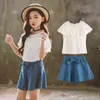 2022 Girls Clothing Sets Summer Fashion T-shirt e shorts Conjuntos 4 8 12 12 anos Crianças de roupas infantis Crianças de jeans G220509