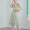 FSLE Short Sleeve Round Neck High Waist French Retro Floral Dress Summer Fresh Puff Sleeve Skirt Women 220517