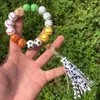 Beads Bracelet Party Favor Football Basketball Keychain Wood Bead Tassel Wristband Pendant Fashion Wristlet Bangles Holder Wrist Ring Jewelry B8159