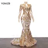 Party Dresses Sparkly Gold Sequined Long Mermaid Prom 2022 Luxury Full Sleeve High Neck Women Formal Evening Gownsparty