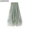 Ohryiyie feminino irregular Saias de tule longa ladras altas cintura no tornozelo tutu maxi saias bege feminina verde faldas jupe femme 210315