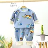 Children s Sleepwear Suits Full Pullover Tees Pants 2 Pieces Set Clothes Winter Cartoon Kids Boy Girl Fleece Padded Warm Pajamas 220714