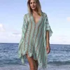 Damenbadebekleidung Rinabe Gestreifter Pareo Gestrickter, aushöhlender äußerer Bezug 2022 Häkeln Sie Vestidos Side Split Smock Frauen Cover-ups Sexy Strandkleid