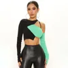 Camiseta feminina Hirigin Color Block assimétrico Sexy Crop Top Mulheres Roupa Costete de Costa