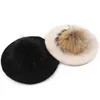 ギーブロ女性ウールベレーベレーライトリボン女性の帽子とアライグマファーポンポムレトロベレーベイカーレディヘッドウェア冬の温かいエレガントな帽子J220722