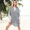 Women's Swimwear Women's Cotton Striped Bikini Cover Up 2022 Beachwear Pareo Beach Swimsuit Kaftan Long Sleeve Shirt Dress Sarong