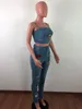 Sexy Denim Two Piece Set Women Tracksuit Summer Clothes Cartoon Patch Strappy Vest Crop Top and Skinny Pants Suits Jeans Outfits 220602