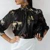 2022 kobiet satynowe eleganckie bluzki nadruk tygrysa koszule z długim rękawem tunika letnia stójka Top imprezowy Casual Blusas Femininas