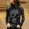 Czaszka drukowana koronkowe kwiatowe damki Tshirt Autumn Drilling Gothic Women Bluzki T-shirt T-shirt Długie rękawy Seksowne biznes ol topy 220525