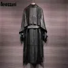 Nerazzurri Autumn Long Ruffled Black Faux Leather Trench Coat for Women Raglan Sleeve Sashes Single Breasted Pu Leather Overcoat L220801