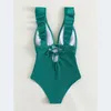 Seksowne żebrowane kostiumy kąpielowe Ruffy stroje kąpielowe żeńskie koronkowe body w górę bodysuit w stylu dekoltowym kombinezon kąpielowy pływanie na plażę zużycie 220518
