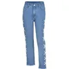 HAOYUAN Sexy Bleu Clair Côté Lacets Stretch Jeans Streetwear Femmes Esthétique Rétro Pantalon Jambe Droite Taille Moyenne Denim Pantalon T220728