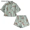Djurleopard satin kort skjorta pyjama passar elastisk midja bred ben shorts kvinnor förlorar kort ärm blus tops 2 stycken set 210302