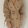 Releft Autumn Winter Khaki Minimalistyczny damski płaszcz damski szarfy wiatraka luźna rękaw podwójny piersi L220812