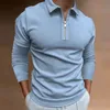 Polo à manches longues fermeture éclair conception col rabattu couleur pure Polos homme vêtements Streetwear décontracté mode hommes hauts 220805